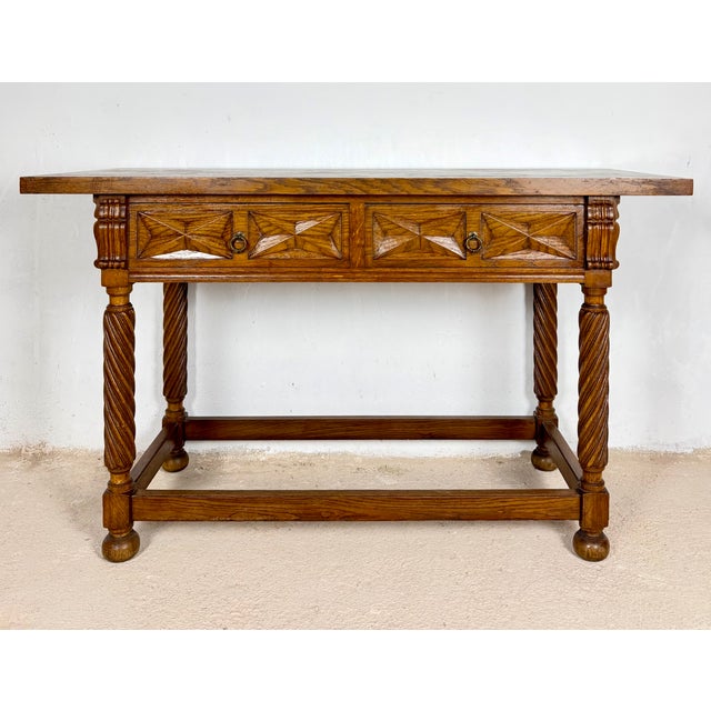 1930s 20th Century Spanish Oak Console Table with Two Drawers For Sale - Image 5 of 10