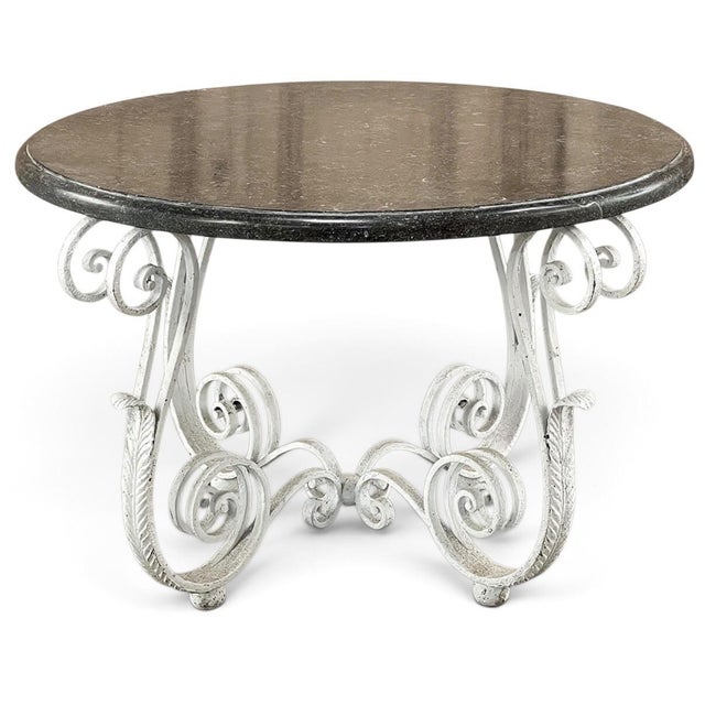 French Provincial Antique French Painted Wrought Iron Round Coffee Table With Black Marble For Sale - Image 3 of 15