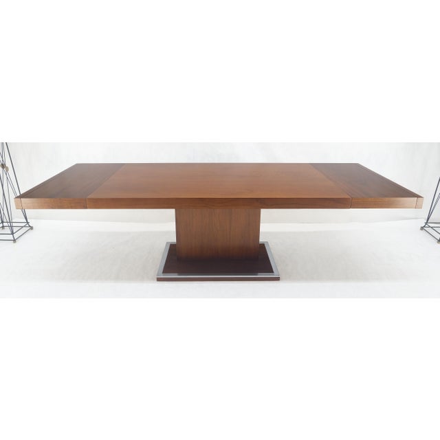 Milo Baughman Single Pedestal Base Milo Baughman Walnut Dining Table w/ 2x16" Leaves MINT For Sale - Image 4 of 15