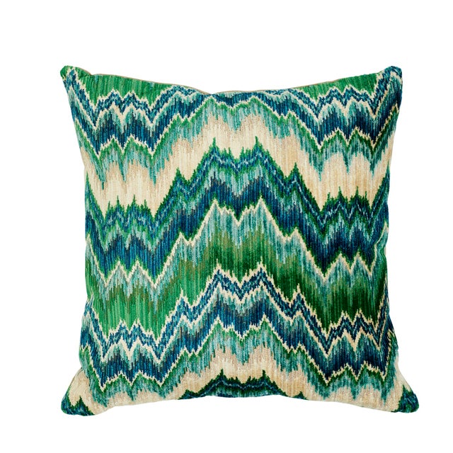 Textile Schumacher Bezique Flamestitch Velvet Pillow in Blue & Green For Sale - Image 7 of 7