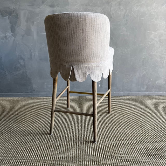 Kate Slip Covered Counter Stool -Ticking 100% Linen With Raw Brass Foot Rail For Sale In Los Angeles - Image 6 of 11