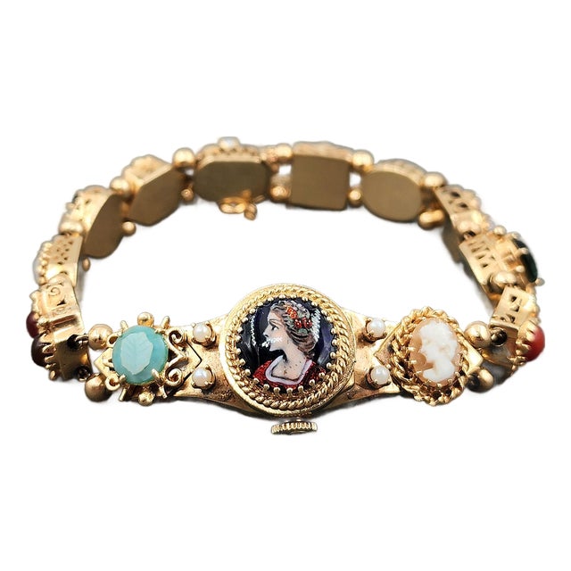 1950s 14k Yellow Gold Slide Charm Omega Gemstone Bracelet Watch For Sale