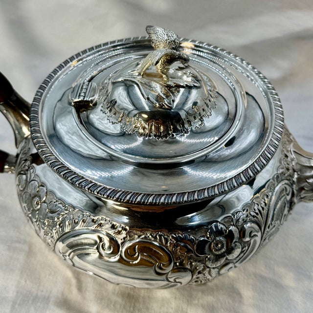 Robert & Belk, Sheffield, England Antique Art Nouveau Sterling Silver Coffee Pot, Tea Pot and Sugar & Creamer Set With Rare Repousse Ornamentation For Sale - Image 10 of 12