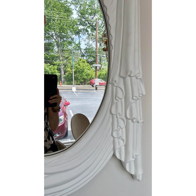 Stylish Revelation Modern Hollywood Regency Style White Swag Wall Mirror, showroom floor sample