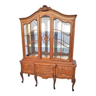 Vintage Louis XV French Country Style Oak China Display Cabinet For Sale