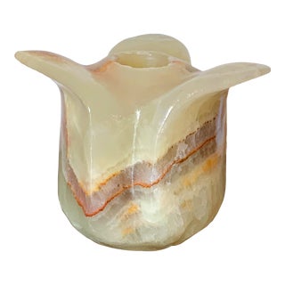 Vintage 1970s Carved Onyx Flower Candle Holder For Sale