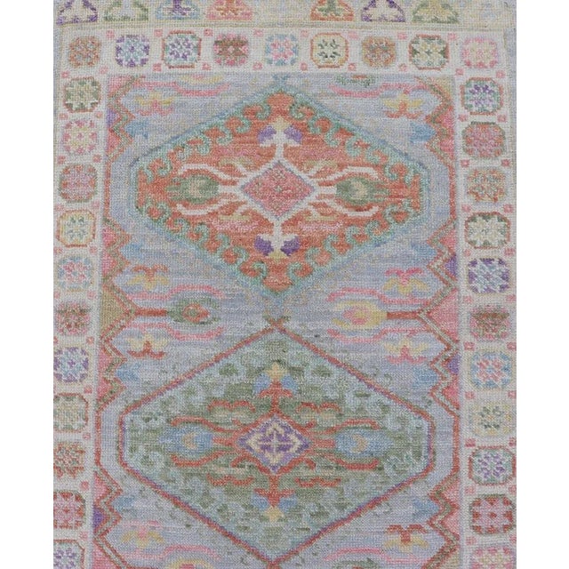 Traditional Colorful Modern Oushak Runner With Diamond Medallions and Multi-Tier Border For Sale - Image 3 of 12
