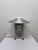 Modernist Art Deco inspired table lamp consisting of an aluminum frame and shade with a milk glass top diffuser and brass...
