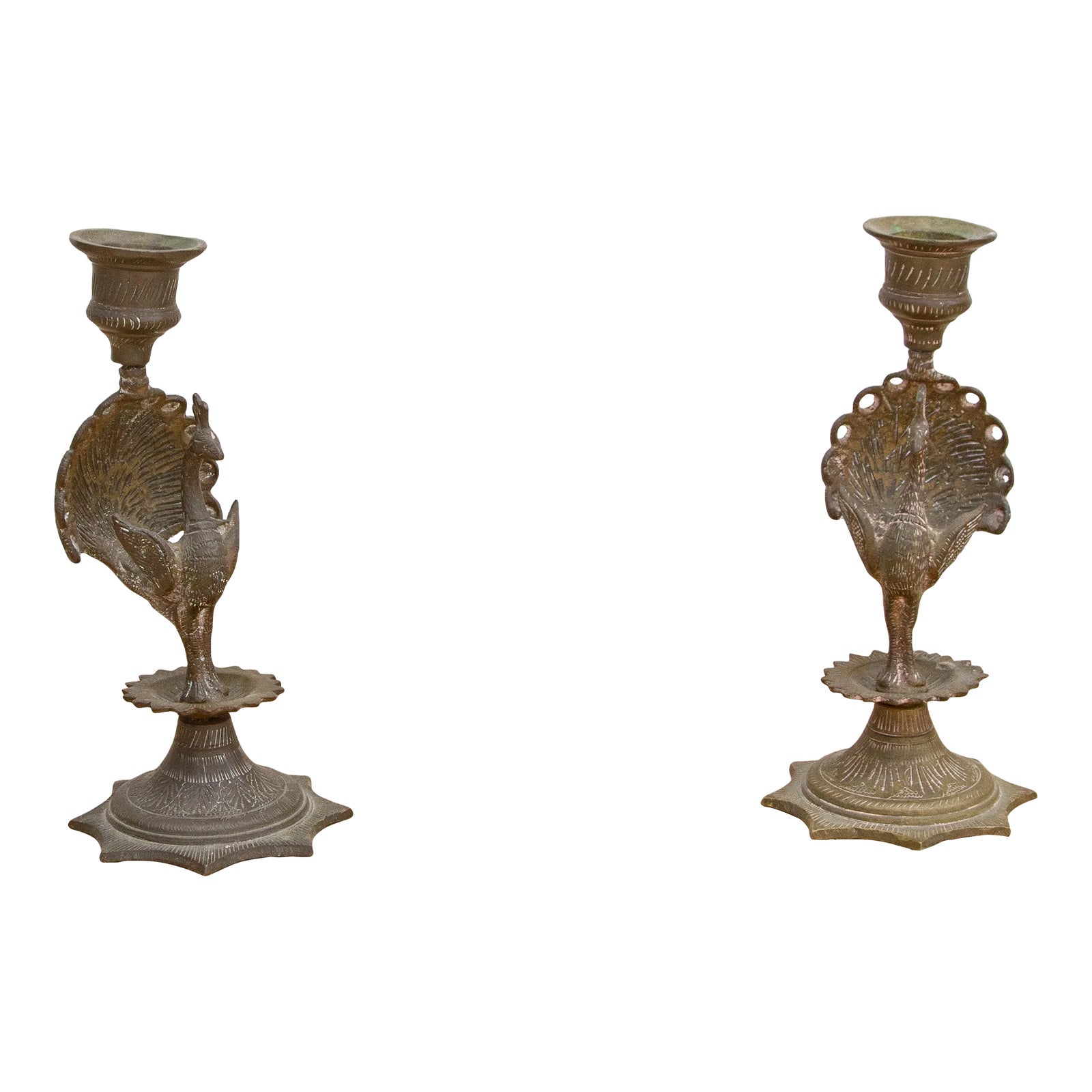 Pair of Engraved Brass Peacock Candle Holders Chairish