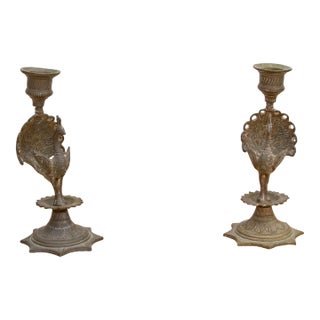 Pair of Engraved Brass Peacock Candle Holders For Sale