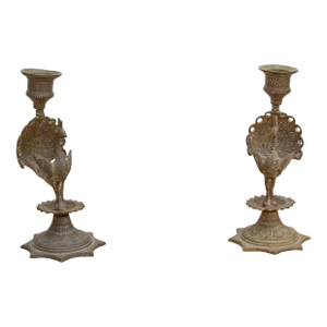 Pair of Engraved Brass Peacock Candle Holders