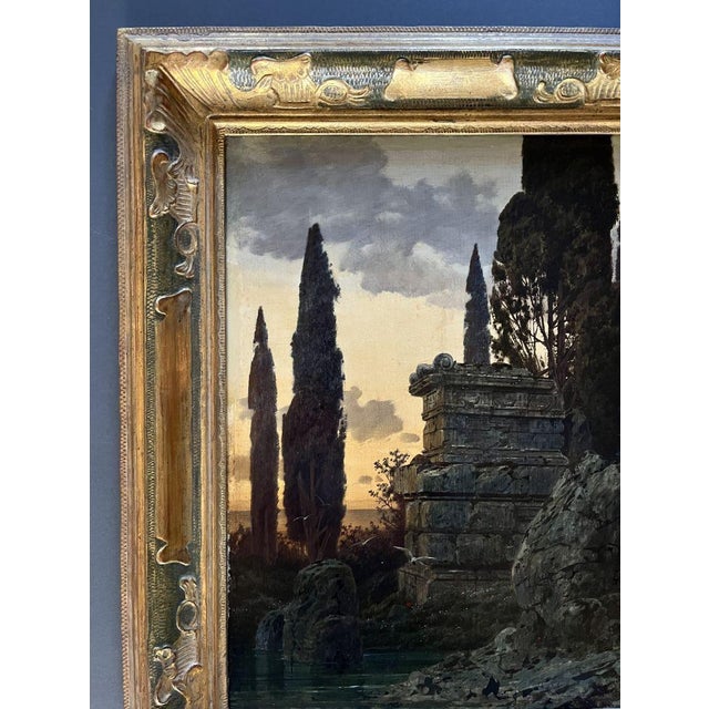 Ferdinand Knab, Ancient Ruin at Sunset, 1900, Oil Painting on Wood, Framed For Sale - Image 4 of 8
