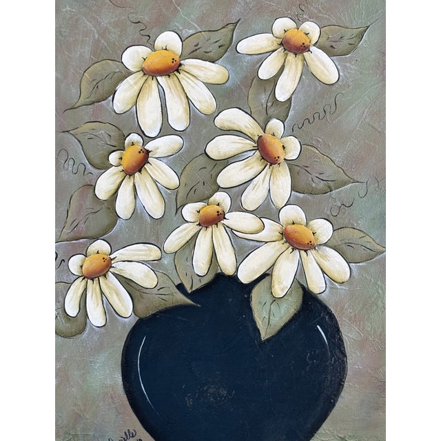 Green 2012 Mixed Media Daisy Still Life on Canvas For Sale - Image 8 of 12
