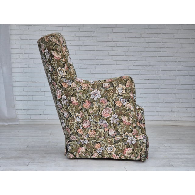 1970s, Danish Armchair, Reupholstered, Flowers Furniture Fabric. Chairish