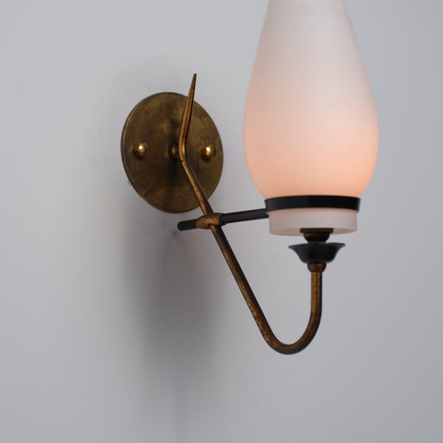 1950s Italian Brass Black Metal and Opaline Glass Wall Sconce, 1950s For Sale - Image 5 of 8