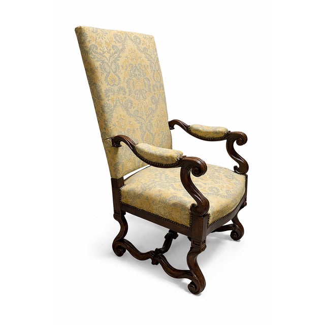 Antique French High-Back Armchair with Damask Upholstery For Sale - Image 3 of 9