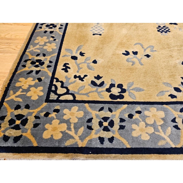 Vintage Chinese Art Deco Rug, Hand-Knotted Wool, Tan & Blue, 1900s For Sale - Image 9 of 12