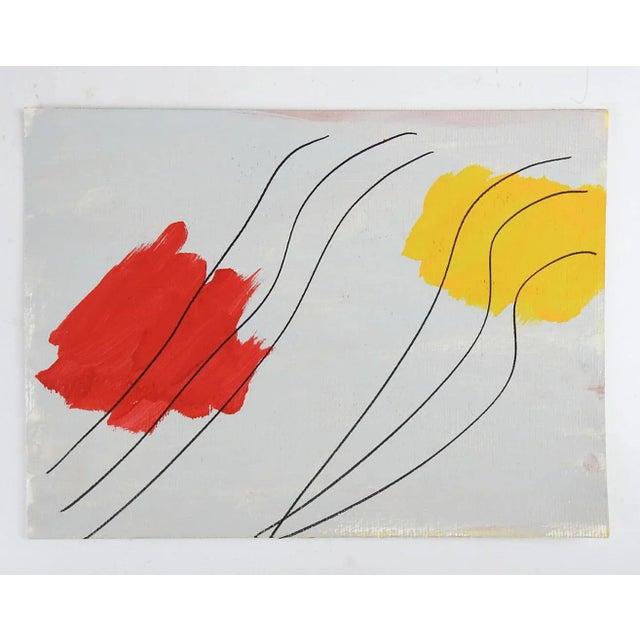 Vintage late 20th century gouache on paper abstract in red and yellow on light gray background painting. Unsigned....