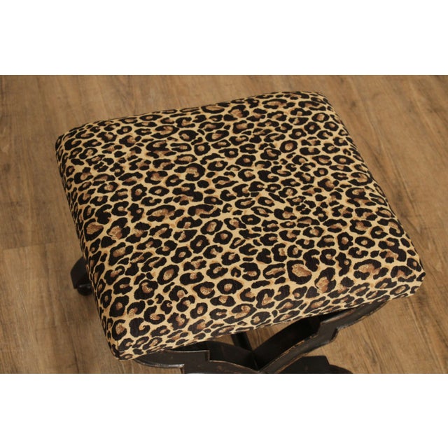 Black Regency Style Painted X-Frame Leopard Upholstered Ottoman Footstool For Sale - Image 8 of 12