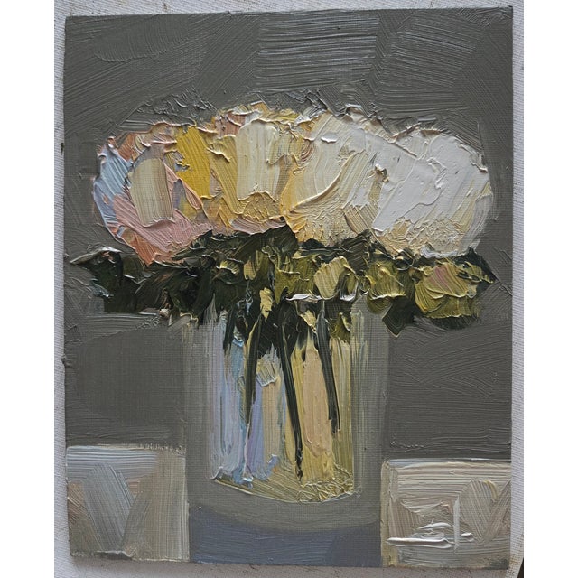 An impressionist oil painting of white flowers by UK based artist Vivek Mandalia. Frame and hang in your home. 20 x 25 cm...