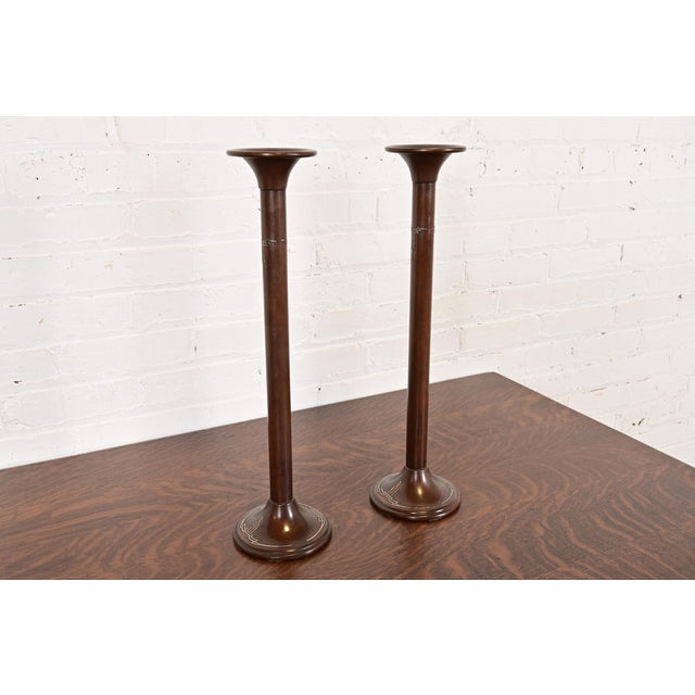 Early 20th Century Silver Crest Arts & Crafts Sterling Silver on Bronze Tall Candlesticks, Pair For Sale - Image 5 of 13
