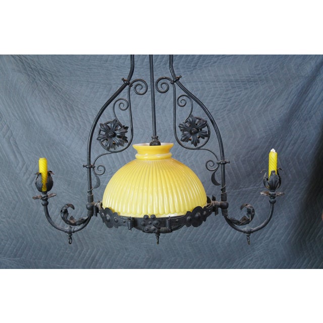 Yellow Antique Spanish Revival Wrought Iron Converted Gas Pendant Light Chandelier For Sale - Image 8 of 17