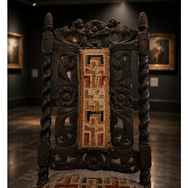 Antique Carved Oak Hall Chair with Cherub Crest and Barley Twist, 1800s For Sale - Image 3 of 10