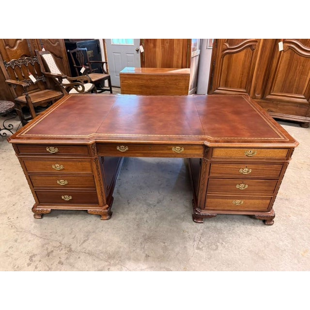 Mid-20th Century Chippendale Style Mahogany Partners Executive Desk With Embossed Leather Top, Circa 1950s For Sale - Image 12 of 18