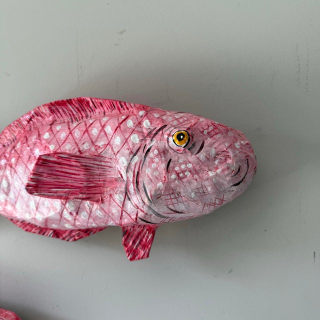 Paper Pink Folk Art Paper Mache Hanging Fish- a Pair For Sale - Image 7 of 9