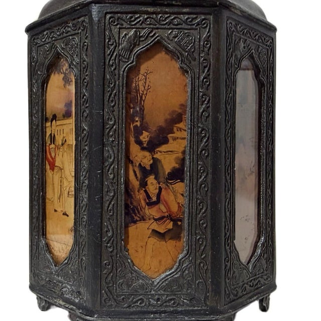 Metal Late 19th Century Chinese Shantou Pewter Octagonal Tea Caddy With Reverse Painted Glass Panels For Sale - Image 7 of 10