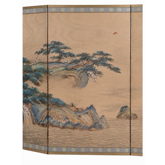 1970s Signed Asian Four-Panel Painted Landscape Folding Screen With Cranes and Pine Trees For Sale In Chicago - Image 6 of 18