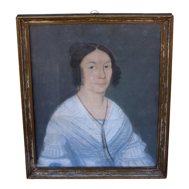 Antique Biedermeier Portrait Painting of a Lady in Blue Dress For Sale