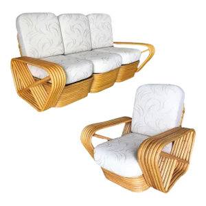 1940s Restored Paul Frankl Six-Strand Rattan Sofa and Lounge Chair Set