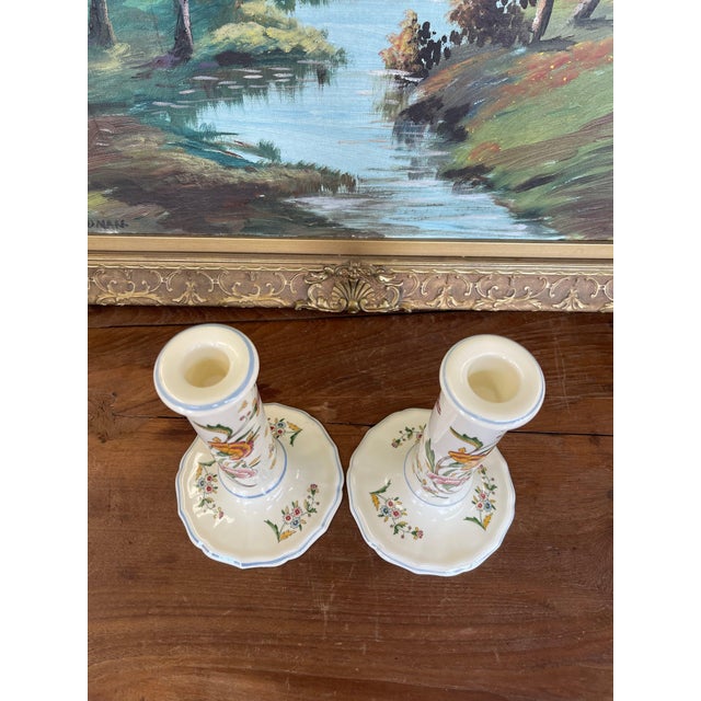Ceramic 1970s Pair of Hand-Painted French Chinoiserie Style Gien France Ceramic Candlesticks - Floral Motif, Stamped For Sale - Image 7 of 7