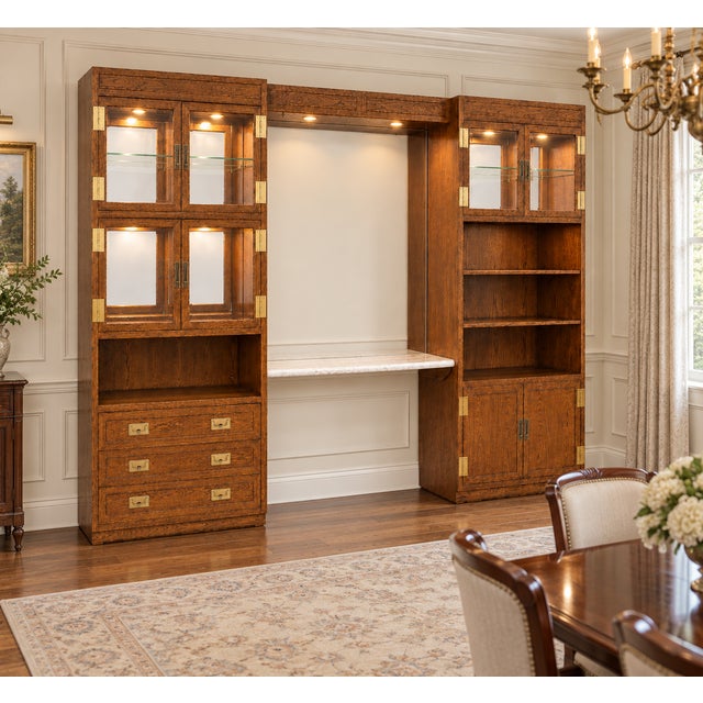 1970s Campaign Vintage Henredon Oak Wall Unit With Marble Counter and Mirrored Cabinets For Sale - Image 13 of 13