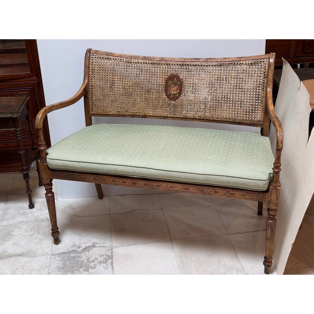 Late 20th Century Regency Style Caned Bench With Cushion For Sale - Image 5 of 12