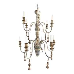 Mid 20th Century Mediteranean Style Italian Painted & Parcel Gilt Wood 12-Light Chandelier