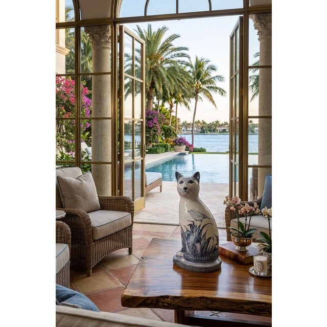 Blue Vintage African Hand-Painted Blue and White Ceramic Cat Figurine For Sale - Image 8 of 9