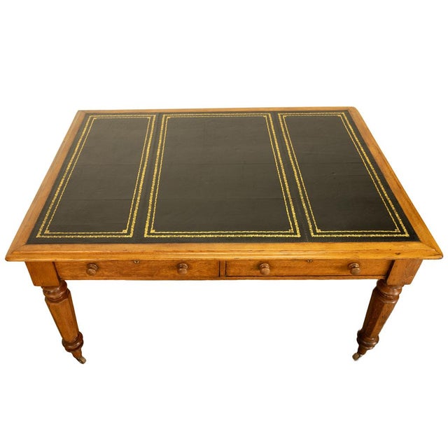 Antique English Oak & Leather Top Double-Sided Library Table Partner's Desk 1860 For Sale - Image 4 of 13