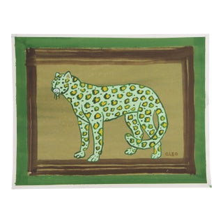 Leopard Expressionism Folk Art Safari Green Brown Sienna Original Painting by Cleo Plowden For Sale