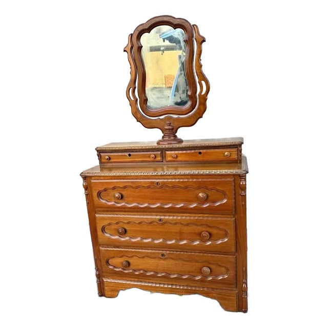 19th Century Antique Victorian Style Walnut Drawer Chest With Mirror For Sale
