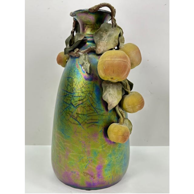 Clément Massier Art Nouveau Pottery Vase with Iridescent Apple Design 14"H x 8"W