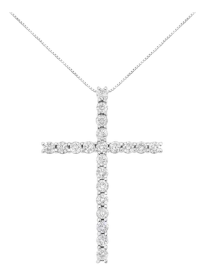 .925 Sterling Silver 4.0 Cttw Diamond 2-1/4" Cross Pendant with Box Chain Necklace - 18"