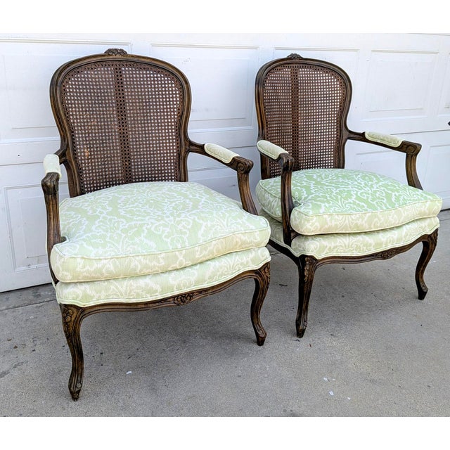 Pair of Vintage French Louis XV Style Carved Wood & Cane Fauteuil Armchairs For Sale - Image 4 of 7