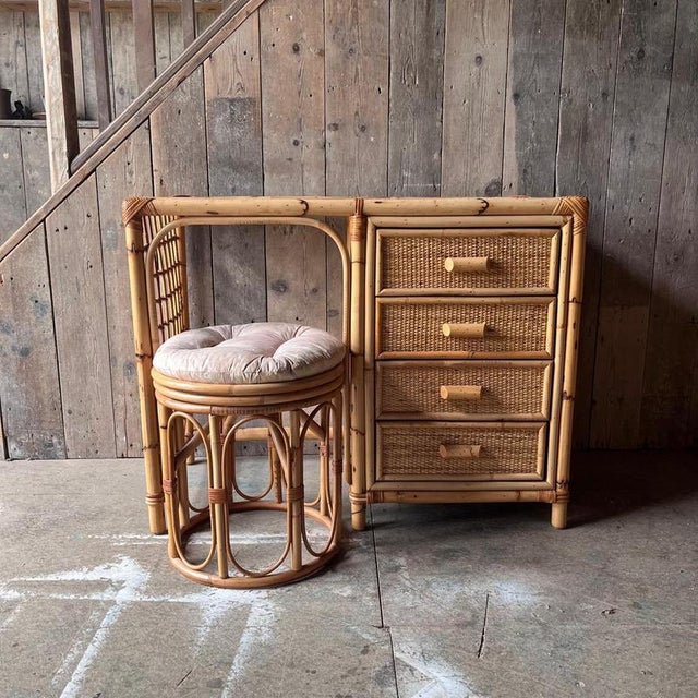 Vintage Bamboo Dressing Table with Drawers and Cushioned Stool, Set of 2 For Sale - Image 9 of 11