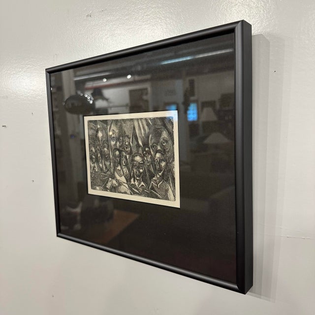 This block print is by Cleveland, OH artist H Norman Schnepf. It depicts many faces with large eyes and beautiful shaded....