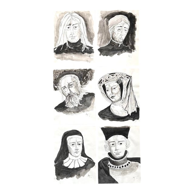 Original 1971 Ink Portrait Paintings – Historical Figure Portrait Studies (Set of 6) For Sale