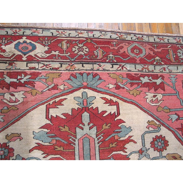 Textile 1890s Ivory Red Medallion Antique Persian Heriz Serapi Rug 9'2" X 12'2" Handknotted Wool Carpet For Sale - Image 7 of 13
