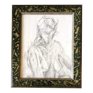 1970’s Abstract Female Nude Charcoal Study Drawing Ornate Vintage Frame