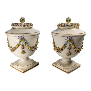 Mid-Century Pair of Italian Capodimonte or Nove Style Floral Covered Urns For Sale
